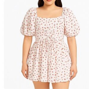 Crystal Doll White mini Dress Red & Orange ditsy Floral puff sleeve corset top L